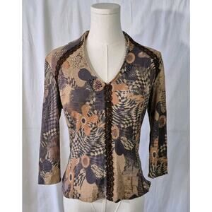 Vintage Y2K Alberto Mikali Floral Graphic Brown Orange Top Medium